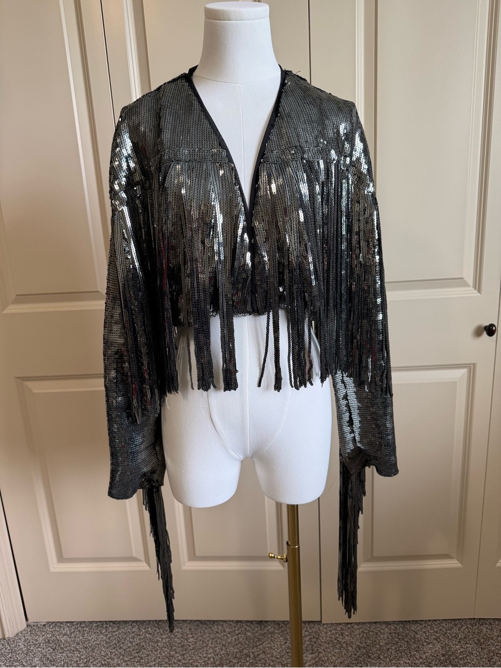 NWOT Anthropologie Black Sequin Fringe Jacket - Picture 5 of 11